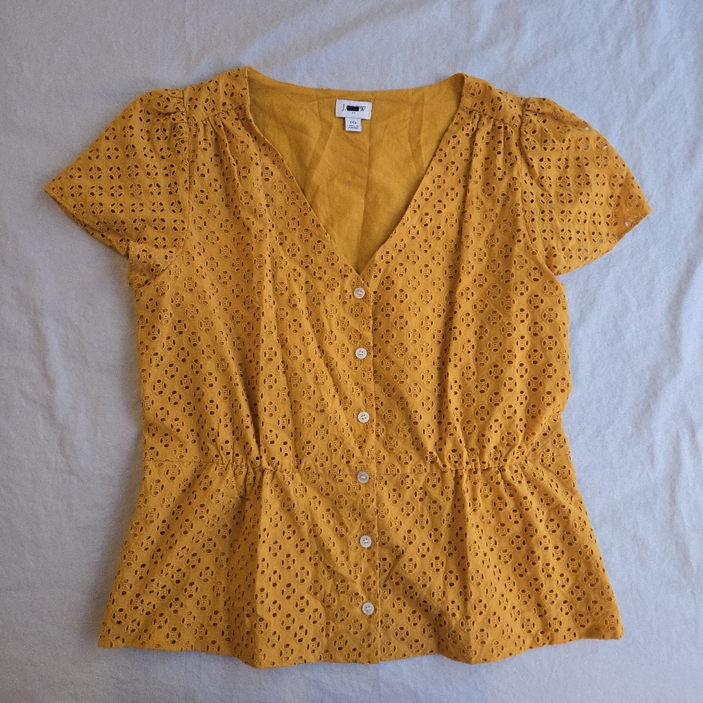J. Crew Marigold Mustard Yellow Eyelet Peplum Short Sleeve Button Down Shirt